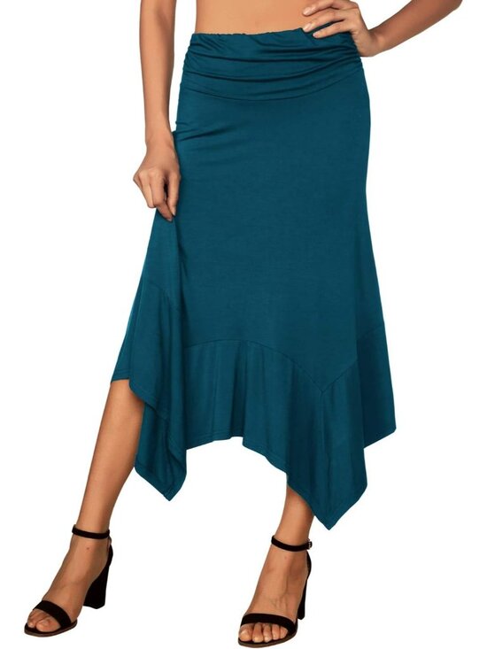 Women's Teal Green Flowy Handkerchief Hemline Romantic Hanky Hem Midi Skirt - Picture 2 of 5